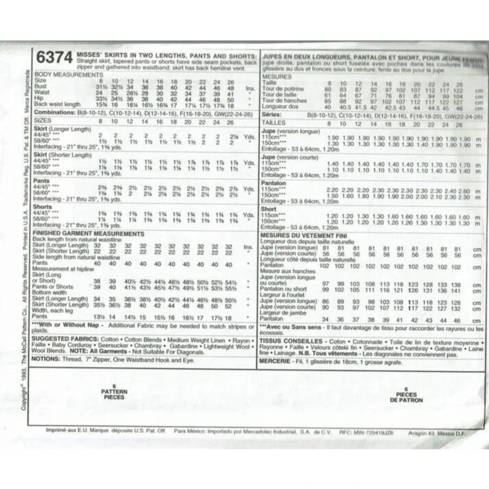 McCalls Sewing Pattern 6374‎ Skirts Pants Shorts Misses Size 22-26